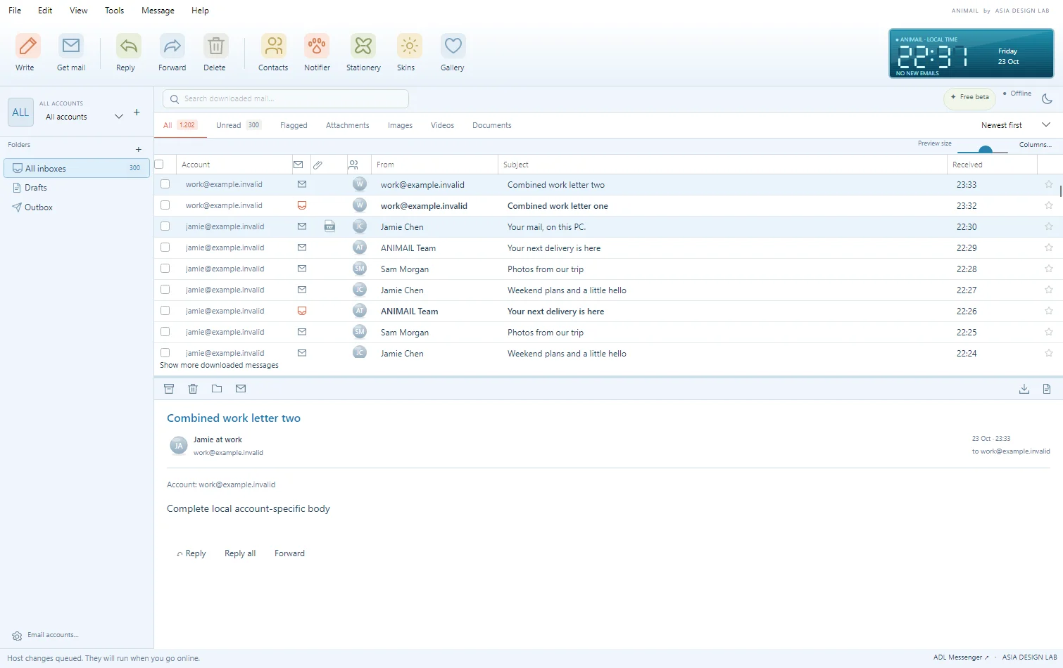 ANIMAIL All inboxes showing fictional work and personal accounts together, with account labels and a native reading pane