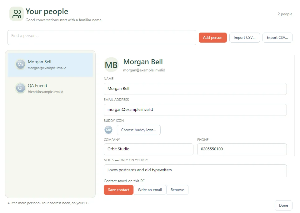 The native Contacts window with fictional contact details.