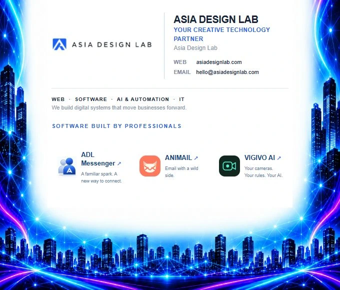 ASIA DESIGN LAB’s letterhead identity and contact area, with the ADL Messenger, ANIMAIL and VIGIVO AI logos
