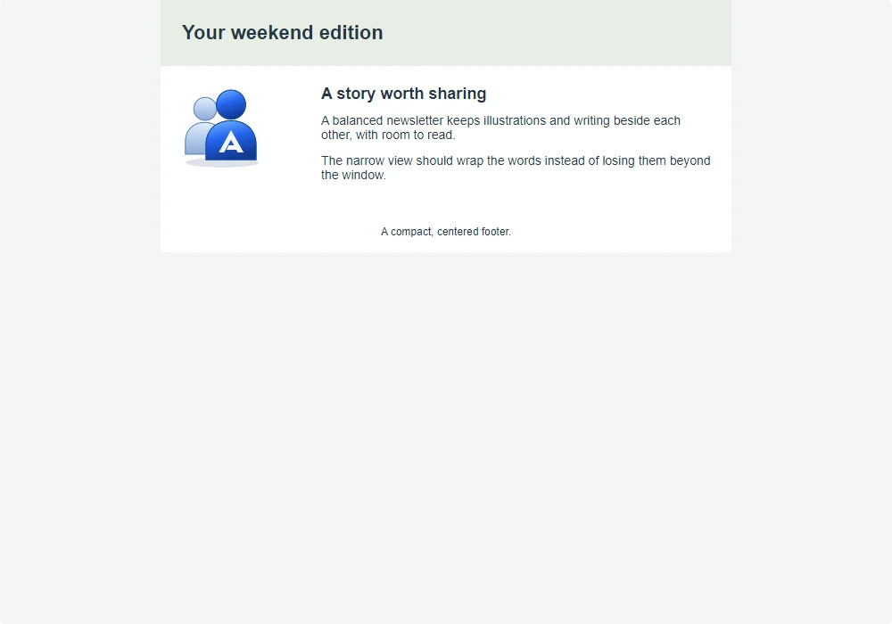A fictional newsletter rendered by the native Windows reader, with pictures and a bounded card layout.