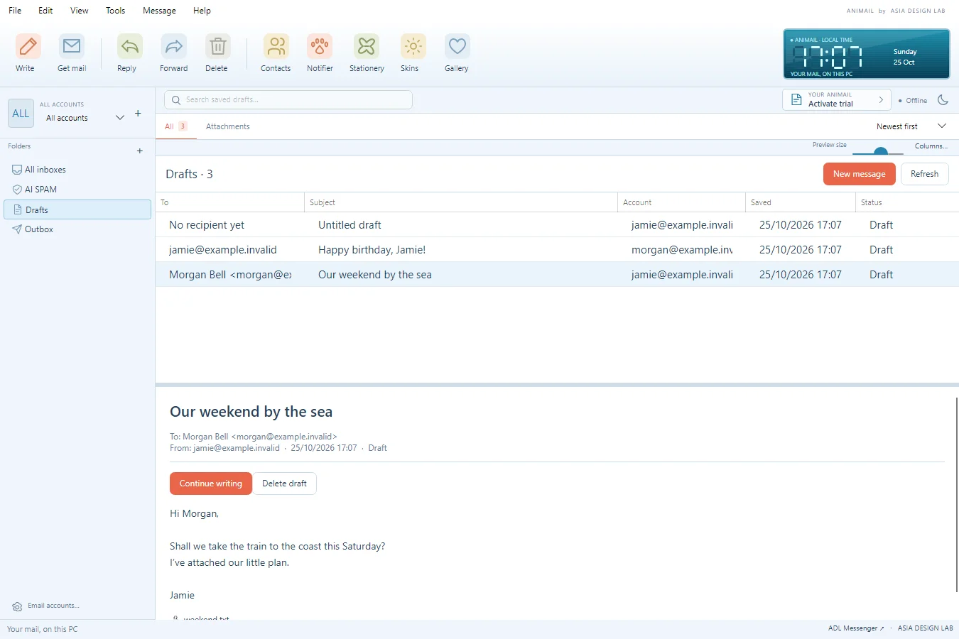 The actual ANIMAIL Windows app, with fictional drafts shown in the main mailbox window.