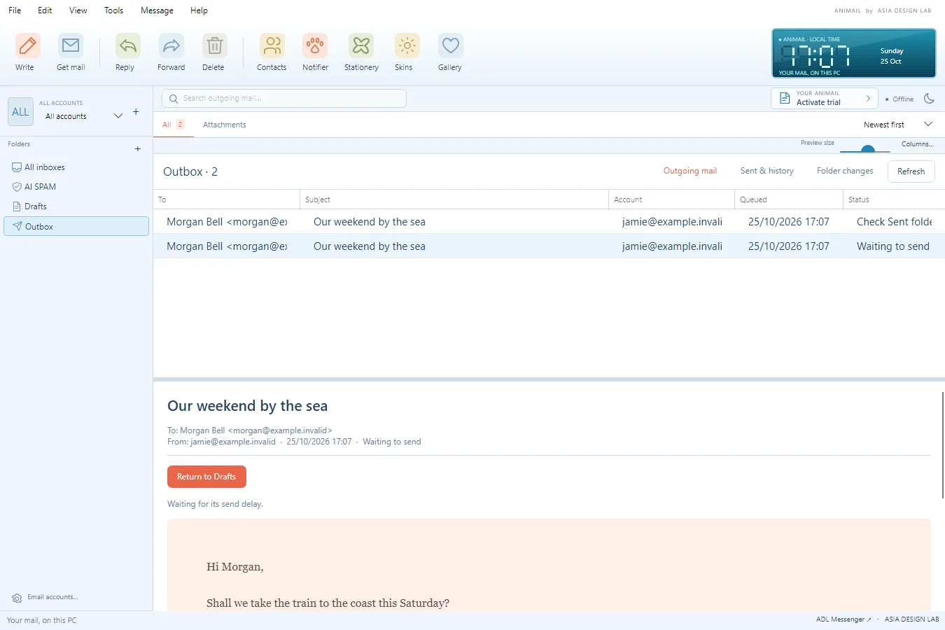 Outbox inside the same main mailbox, with a fictional queued message and Return to Drafts action.