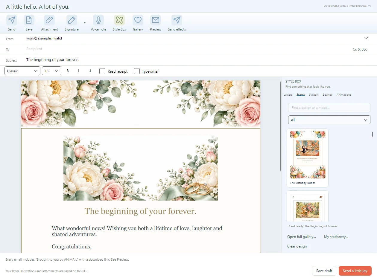 A complete engagement e-card with coordinated borders, typography and an editable greeting