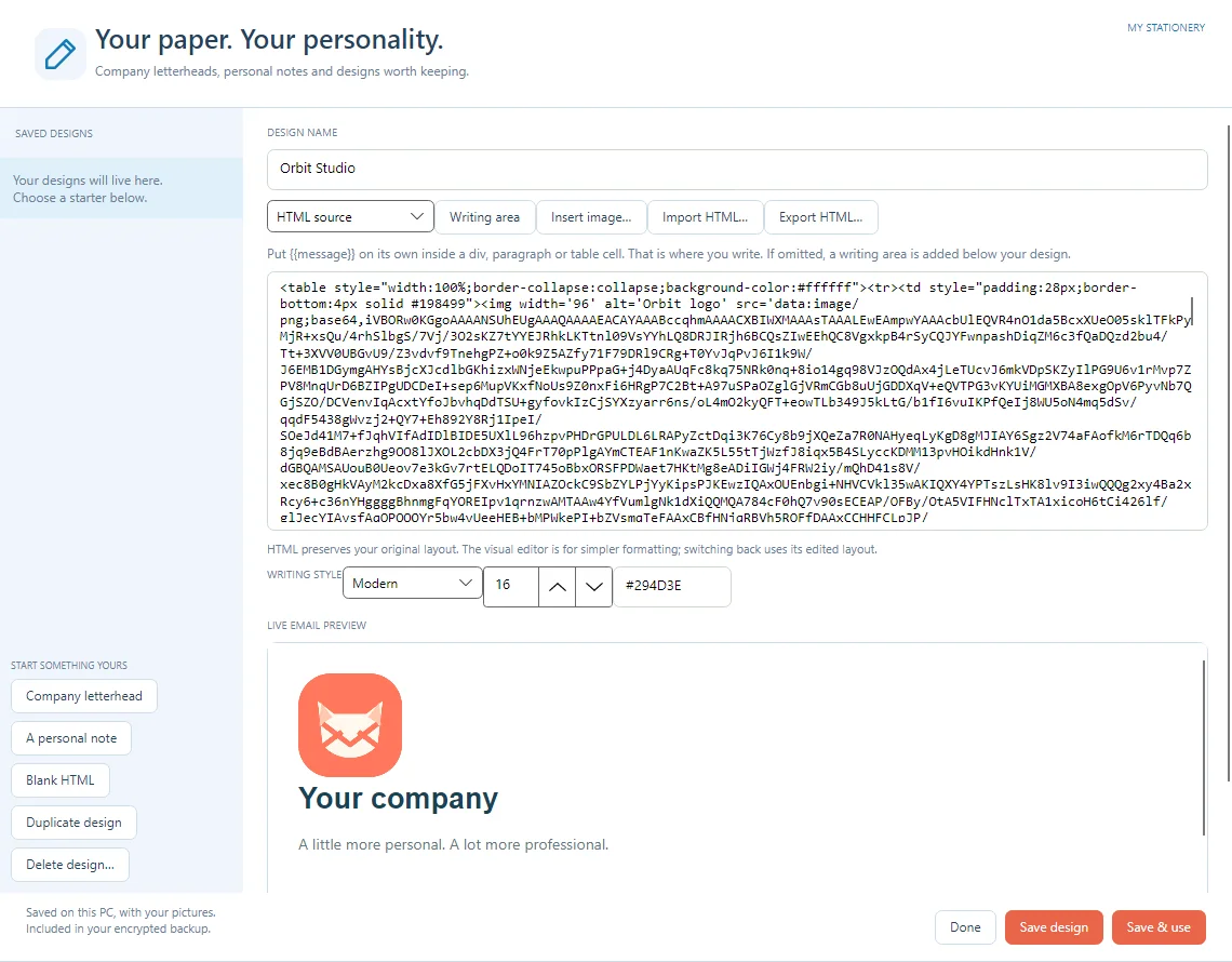 My stationery: reusable company and personal designs in the native Windows app. Fictional demonstration.