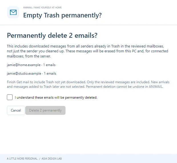 Empty Trash reviews the downloaded message count and account scope before permanent removal.