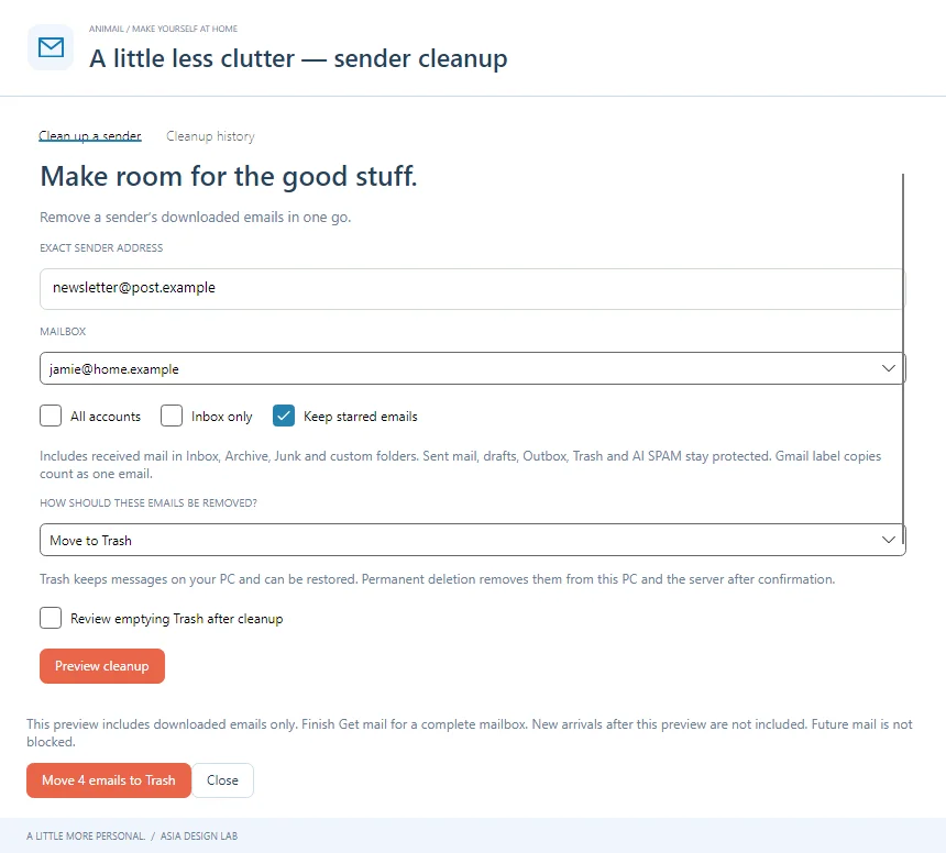 Sender cleanup previews the exact address, selected accounts and matching downloaded messages. Fictional demonstration.