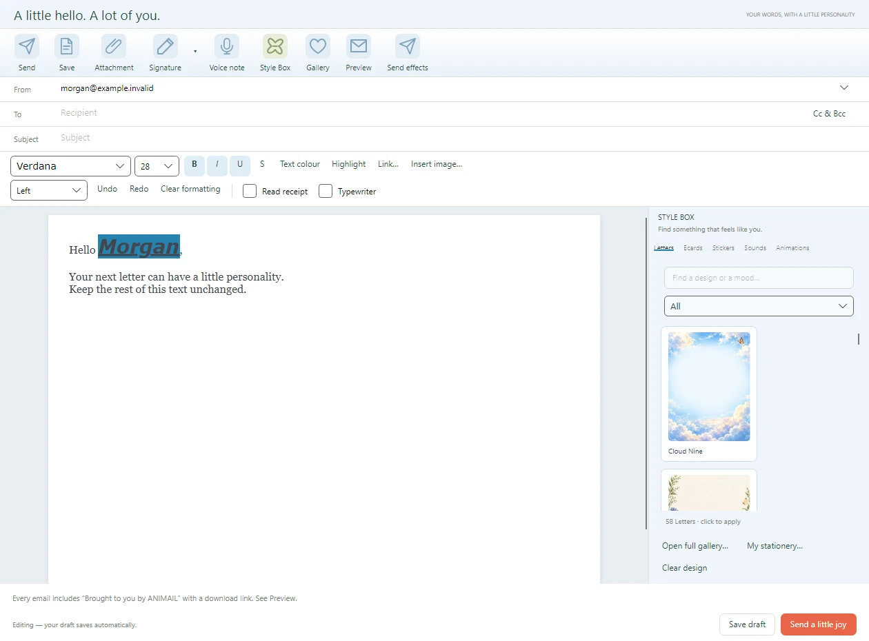 The actual ANIMAIL Windows composer: only the selected name is formatted. Fictional demonstration letter.